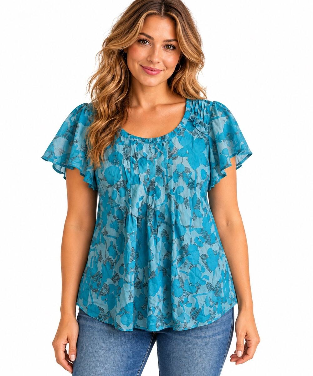 DKNY Jeans Silk Blouse Women L Blue Floral Flutter Sleeve Pleated Button Back